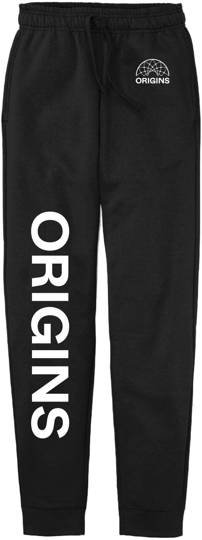Black sweatpants with 'Origins' branding on a white background