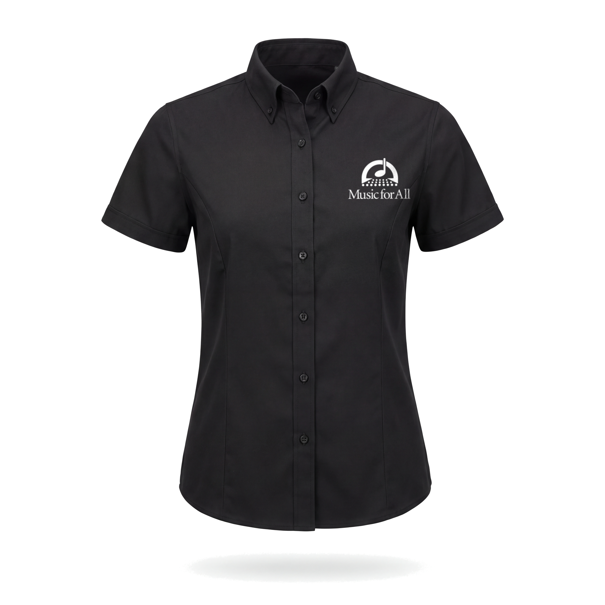 Music for All Women's Black Short Sleeve Button Down with white left chest logo