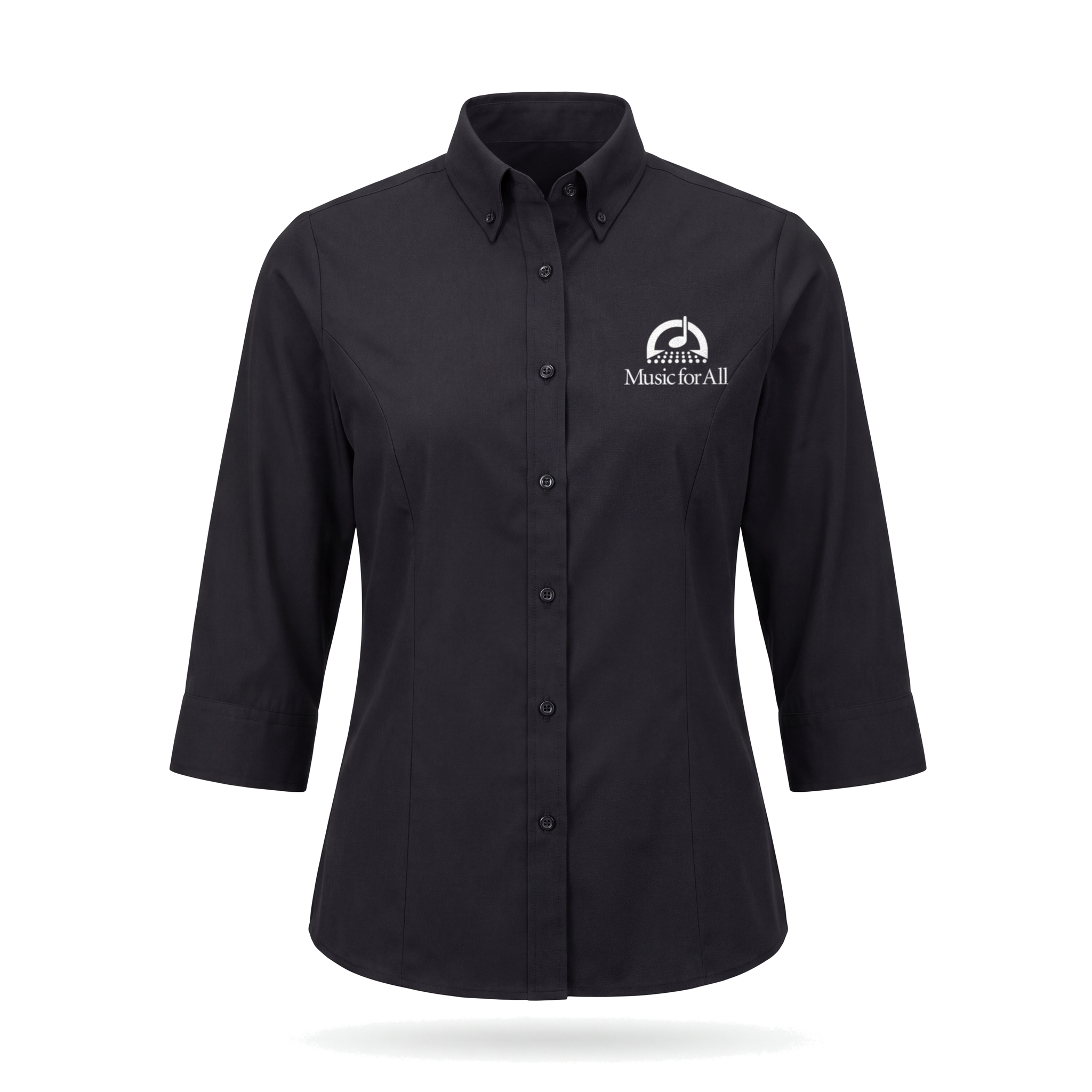 Music for All Women's Black 3/4 Sleeve Button Down with white left chest logo