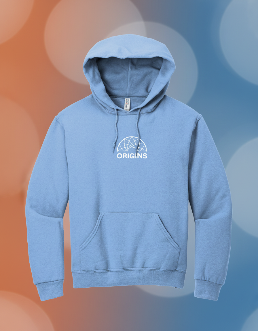 Light blue hoodie with 'Origins' logo on a white background