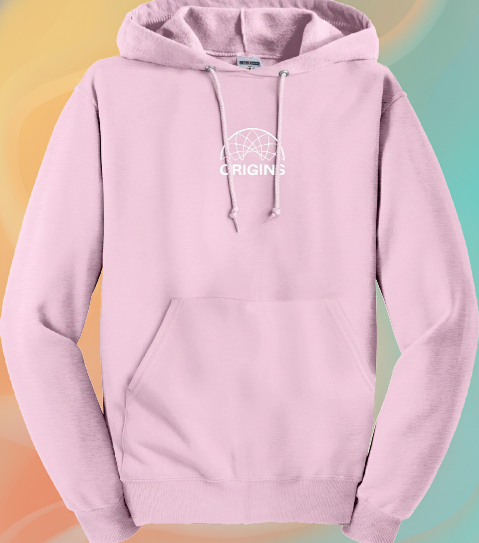 Pink hoodie with a logo and text on a white background